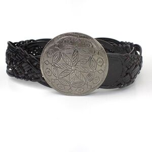 New York & Co Braided Brown Leather Belt Silver Medallion Buckle